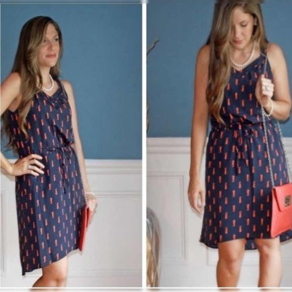 Merona Seahorse Print Sleeveless  Hi low dress Navy & Orange Size M
